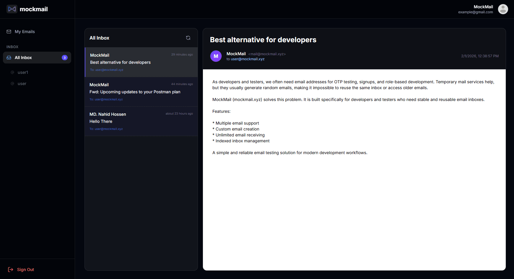 MockMail Dashboard Interface